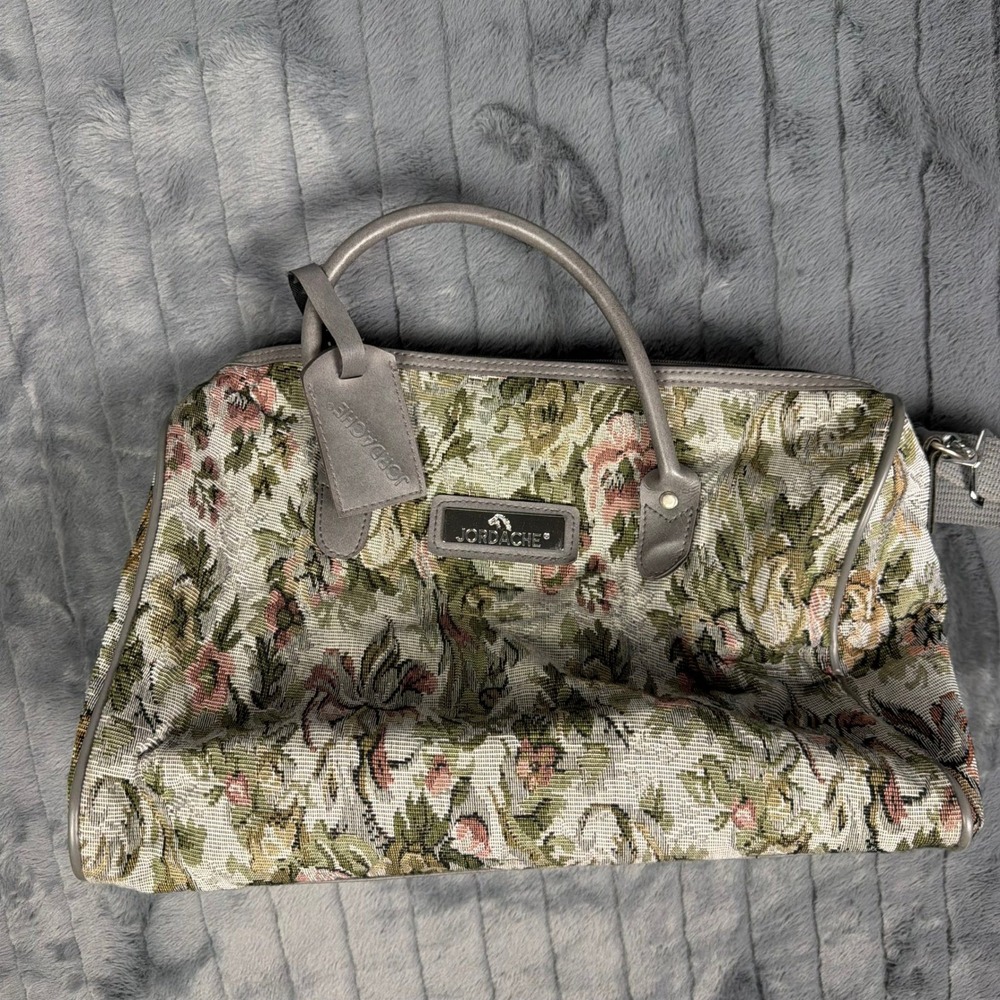 Jordache Vintage Floral Tapestry Weekender Duffel Bag Grey Green Travel Luggage
